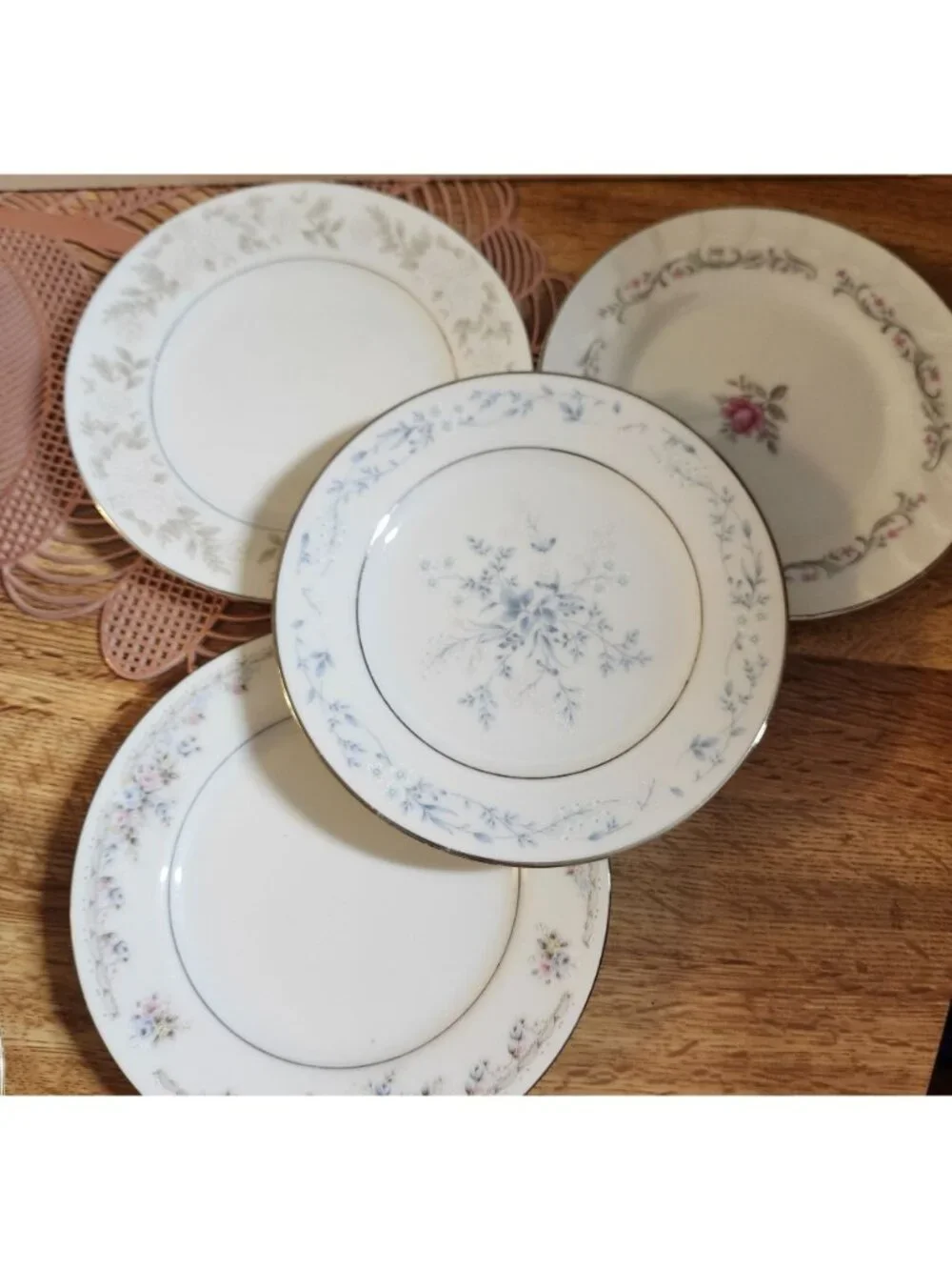 4- Mismatched Floral Silver Rim Fine China Dessert Cake Plates ~6.25